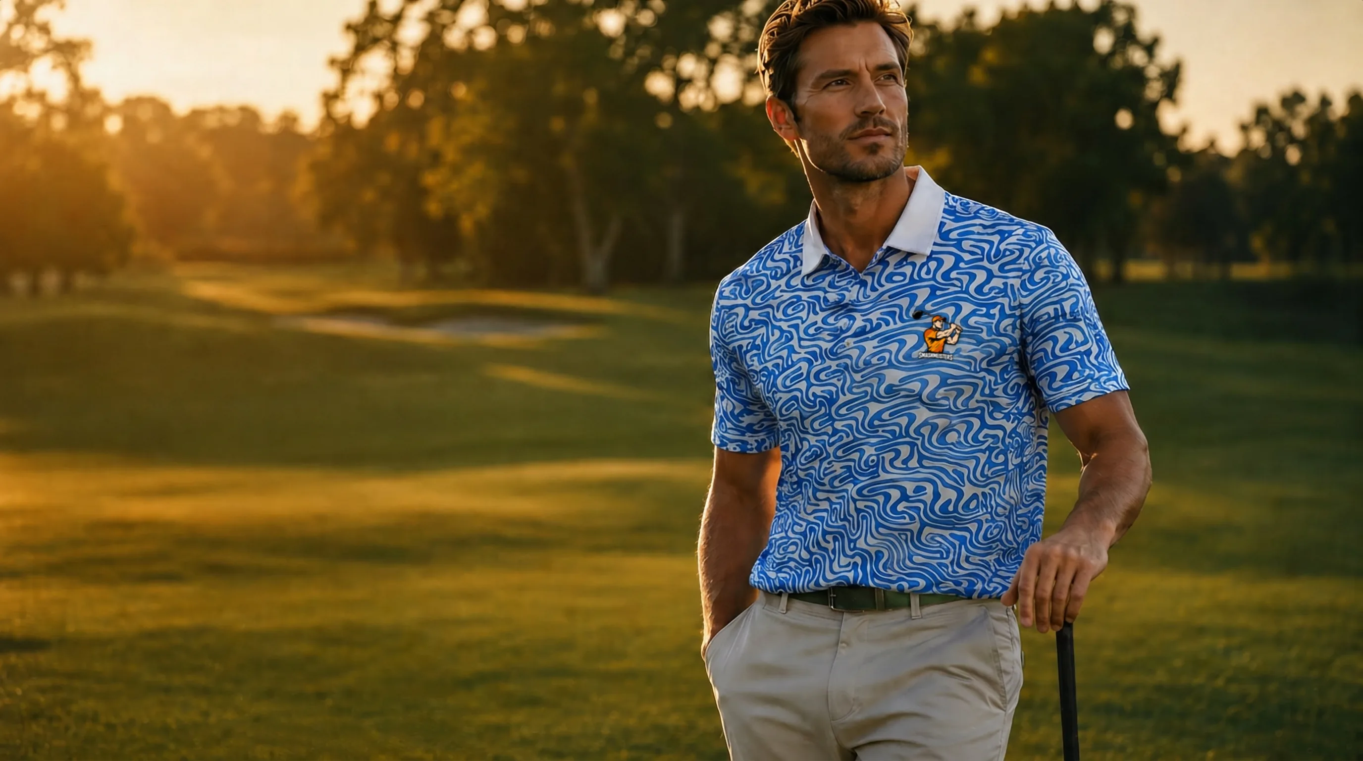 Golfer in a custom Smashmeisters polo on the course at sunset